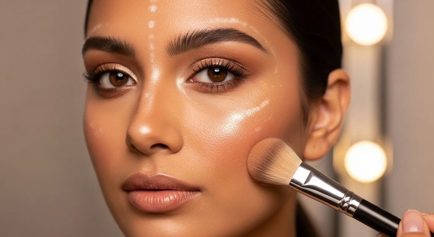 A woman with medium skin tone applying blush to her cheeks with a brush, showcasing bronzer and highlighter on her cheekbones, forehead, and nose for a natural glow.